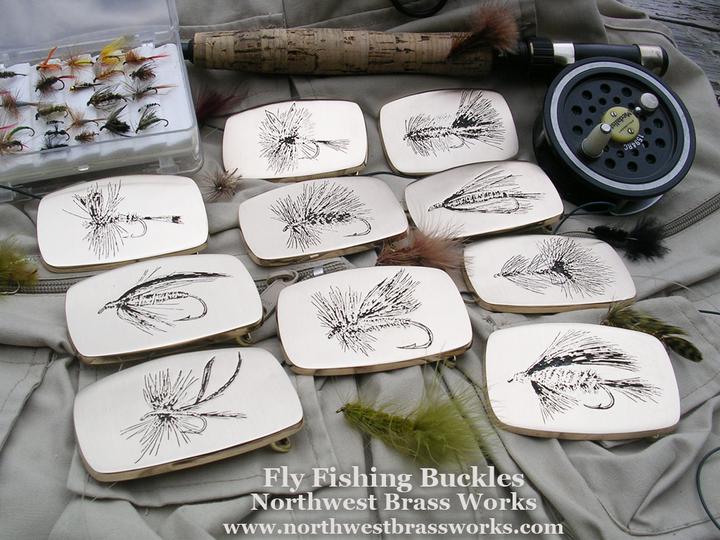Custom Fly Fishing Belt Buckles Solid Brass Caddis Mayfly Bugger Leech all made in the USA Northwest Brass Works